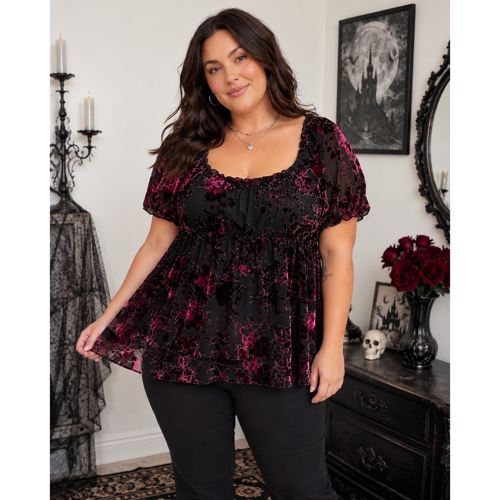 Torrid Floral Burnout Velvet Babydoll Top Womens Goth 3 Black Pink Romantic XL